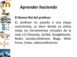 Aprender haciendo
El Nuevo Rol del profesor
EL profesor ha pasado a una etapa
conectivista, es decir donde se utiliza
todas las herramientas virtuales de la
web 2.0 (Youtube, Scribd, Googlebooks,
Redes sociales,Slidshare, Blogs, Wikis
Foros, Chats, videoconferencia
 