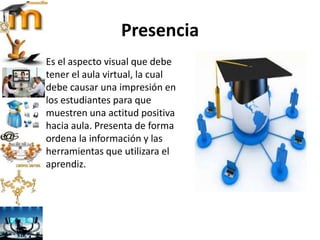 Presencia
Es el aspecto visual que debe
tener el aula virtual, la cual
debe causar una impresión en
los estudiantes para que
muestren una actitud positiva
hacia aula. Presenta de forma
ordena la información y las
herramientas que utilizara el
aprendiz.
 