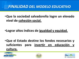 Ciudadanos que aporten sus capacidades y talentos individuales al servicio del bien común.FUNDAMENTOS DEL MODELOSe concibe el SER y el HACER educativo centrado en los educandos, partiendo de sus necesidades culturales, sociales, económicas, políticas y ambientales, de sus familias y de sus comunidades.