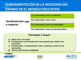 Que el Estado destine los fondos necesarios y suficientes para invertir en educación y cultura.OBJETIVOS DEL MODELOProgresivo empoderamiento democrático de la población.