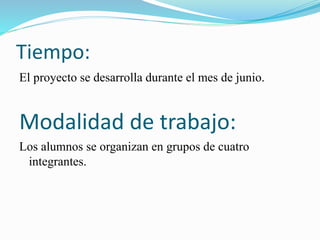 Tiempo: 
El proyecto se desarrolla durante el mes de junio. 
Modalidad de trabajo: 
Los alumnos se organizan en grupos de cuatro 
integrantes. 
 