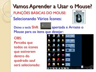 Vamos Aprender a Usar o Mouse? FUNÇÕES BÁSICAS DO MOUSE: Selecionando Vários Ícones: Deixe a tecla  Shift   apertada e Arraste o Mouse para os itens que desejar:   OBS:  Perceba que todos os ícones que estiverem dentro do quadrado azul será selecionado: 