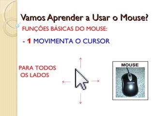 Vamos Aprender a Usar o Mouse? FUNÇÕES BÁSICAS DO MOUSE: -  1  MOVIMENTA O CURSOR  PARA TODOS OS LADOS 