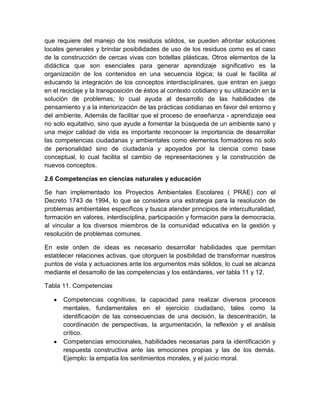 que requiere del manejo de los residuos sólidos, se pueden afrontar soluciones
locales generales y brindar posibilidades de uso de los residuos como es el caso
de la construcción de cercas vivas con botellas plásticas. Otros elementos de la
didáctica que son esenciales para generar aprendizaje significativo es la
organización de los contenidos en una secuencia lógica; la cual le facilita al
educando la integración de los conceptos interdisciplinares, que entran en juego
en el reciclaje y la transposición de éstos al contexto cotidiano y su utilización en la
solución de problemas; lo cual ayuda al desarrollo de las habilidades de
pensamiento y a la interiorización de las prácticas cotidianas en favor del entorno y
del ambiente. Además de facilitar que el proceso de enseñanza - aprendizaje sea
no solo equitativo, sino que ayude a fomentar la búsqueda de un ambiente sano y
una mejor calidad de vida es importante reconocer la importancia de desarrollar
las competencias ciudadanas y ambientales como elementos formadores no solo
de personalidad sino de ciudadanía y apoyados por la ciencia como base
conceptual, lo cual facilita el cambio de representaciones y la construcción de
nuevos conceptos.
2.6 Competencias en ciencias naturales y educación
Se han implementado los Proyectos Ambientales Escolares ( PRAE) con el
Decreto 1743 de 1994, lo que se considera una estrategia para la resolución de
problemas ambientales específicos y busca atender principios de interculturalidad,
formación en valores, interdisciplina, participación y formación para la democracia,
al vincular a los diversos miembros de la comunidad educativa en la gestión y
resolución de problemas comunes.
En este orden de ideas es necesario desarrollar habilidades que permitan
establecer relaciones activas, que otorguen la posibilidad de transformar nuestros
puntos de vista y actuaciones ante los argumentos más sólidos, lo cual se alcanza
mediante el desarrollo de las competencias y los estándares, ver tabla 11 y 12.
Tabla 11. Competencias
Competencias cognitivas, la capacidad para realizar diversos procesos
mentales, fundamentales en el ejercicio ciudadano, tales como la
identificación de las consecuencias de una decisión, la descentración, la
coordinación de perspectivas, la argumentación, la reflexión y el análisis
crítico.
Competencias emocionales, habilidades necesarias para la identificación y
respuesta constructiva ante las emociones propias y las de los demás.
Ejemplo: la empatía los sentimientos morales, y el juicio moral.

 
