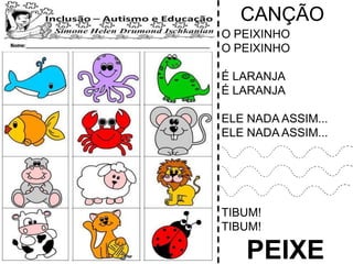 CANÇÃO
O PEIXINHO
O PEIXINHO
É LARANJA
É LARANJA
ELE NADA ASSIM...
ELE NADA ASSIM...
TIBUM!
TIBUM!
PEIXE
 