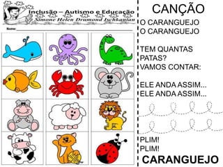 CANÇÃO
O CARANGUEJO
O CARANGUEJO
TEM QUANTAS
PATAS?
VAMOS CONTAR:
ELE ANDA ASSIM...
ELE ANDA ASSIM...
PLIM!
PLIM!
CARANGUEJO
 