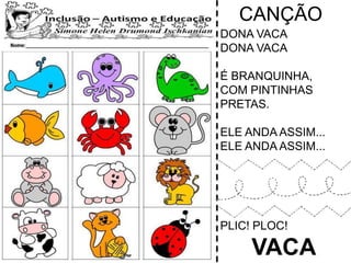 CANÇÃO
DONA VACA
DONA VACA
É BRANQUINHA,
COM PINTINHAS
PRETAS.
ELE ANDA ASSIM...
ELE ANDA ASSIM...
PLIC! PLOC!
VACA
 