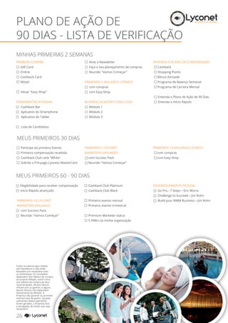 PLANO DE AÇÃO DE
90 DIAS - LISTA DE VERIFICAÇÃO
26 YOUR SHOPPING NETWORK
PRIMEIRA COMPRA
		 Gift Card		
		 Online	
		 Cashback Card		
		 Móvel
	 Ativar "Easy Shop"
	
FERRAMENTAS ATIVADAS
	 Cashback Bar
	 Aplicativo do Smartphone		
Aplicativo do Tablet
	 Lista de Candidatos
	 Ative a Newsletter
	 Faça o seu planejamento de compras
	 Reunião "Vamos Começar"
PRIMEIROS 5 AFILIADOS LYONESS
		 com compras
		 com Easy Shop
BUSINESS ACADEMY CONCLUÍDA
		 Módulo 1	
		 Módulo 2
		 Módulo 3
	
ENTENDA O PLANO DE COMPENSAÇÃO
		 Cashback
		 Shopping Points
		 Bônus Amizade
		 Programa de Balanço Semanal
		 Programa de Carreira Mensal
	 Entenda o Plano de Ação de 90 Dias
	 Entenda o Início Rápido
	 Participe do primeiro Evento
	 Primeira compensação recebida
	 Cashback Club rank "White"
	 Solicite o Pré-pago Lyoness MasterCard
PRIMEIROS 5 LYCONET
MARKETERS (AFILIADO) 	
	 com Success Pack
	 Reunião "Vamos Começar"
PRIMEIROS 10 AFILIADOS LYONESS
	 com compras
	 com Easy Shop
	
	 Elegibilidade para receber compensação
	 Início Rápido alcançado
PRIMEIROS 10 LYCONET
MARKETERS (AFILIADO)
	 com Success Pack
	 Reunião "Vamos Começar"
Cashback Club Platinum
	 Cashback Club Black
	 Primeiro evento mensal
	 Primeiro evento trimestral
	 Premium Marketer status
	 5 PMEs na minha organização
	
DESENVOLVIMENTO PESSOAL
	 Go Pro - 7 Steps – Eric Worre
	 Challenge to Succeed – Jim Rohn
	 Build your NWM Business – Jim Rohn
MINHAS PRIMEIRAS 2 SEMANAS
MEUS PRIMEIROS 30 DIAS
MEUS PRIMEIROS 60 - 90 DIAS
Todos os valores aqui citados
são hipotéticos e não estão
baseados em resultados reais
ou estimativas. Os resultados
dependem dos hábitos de compra
do próprio Afiliado, assim como
dos hábitos de compra de seus
recomendados. Muitos fatores
influenciam os ganhos, e alguns
desses fatores não dependem
diretamente do Afiliado. A
Empresa não garante ou promete
nenhum tipo de ganho. Quando
suficientes dados operativos
forem gerados, a Empresa fará
a divulgação de renda caso seja
necessário.
 