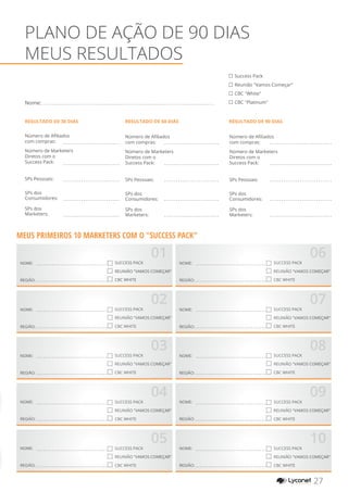 MEUS PRIMEIROS 10 MARKETERS COM O "SUCCESS PACK"
01NOME:
REGIÃO:
NOME:
REGIÃO:
NOME:
REGIÃO:
NOME:
REGIÃO:
NOME:
REGIÃO:
NOME:
REGIÃO:
NOME:
REGIÃO:
NOME:
REGIÃO:
NOME:
REGIÃO:
NOME:
REGIÃO:
SUCCESS PACK
REUNIÃO "VAMOS COMEÇAR"
CBC WHITE
SUCCESS PACK
REUNIÃO "VAMOS COMEÇAR"
CBC WHITE
SUCCESS PACK
REUNIÃO "VAMOS COMEÇAR"
CBC WHITE
SUCCESS PACK
REUNIÃO "VAMOS COMEÇAR"
CBC WHITE
SUCCESS PACK
REUNIÃO "VAMOS COMEÇAR"
CBC WHITE
SUCCESS PACK
REUNIÃO "VAMOS COMEÇAR"
CBC WHITE
SUCCESS PACK
REUNIÃO "VAMOS COMEÇAR"
CBC WHITE
SUCCESS PACK
REUNIÃO "VAMOS COMEÇAR"
CBC WHITE
SUCCESS PACK
REUNIÃO "VAMOS COMEÇAR"
CBC WHITE
SUCCESS PACK
REUNIÃO "VAMOS COMEÇAR"
CBC WHITE
02
03
04
05
Nome:
RESULTADO DE 30 DIAS
Número de Afiliados
com compras:
Número de Marketers
Diretos com o
Success Pack:
SPs Pessoais:
SPs dos
Consumidores:
SPs dos
Marketers:
Número de Afiliados
com compras:
Número de Marketers
Diretos com o
Success Pack:
SPs Pessoais:
SPs dos
Consumidores:
SPs dos
Marketers:
Número de Afiliados
com compras:
Número de Marketers
Diretos com o
Success Pack:
SPs Pessoais:
SPs dos
Consumidores:
SPs dos
Marketers:
RESULTADO DE 60 DIAS RESULTADO DE 90 DIAS
06
07
08
09
10
PLANO DE AÇÃO DE 90 DIAS
MEUS RESULTADOS
27YOUR SHOPPING NETWORK
Success Pack
Reunião "Vamos Começar"
CBC "White"
CBC "Platinum"
 