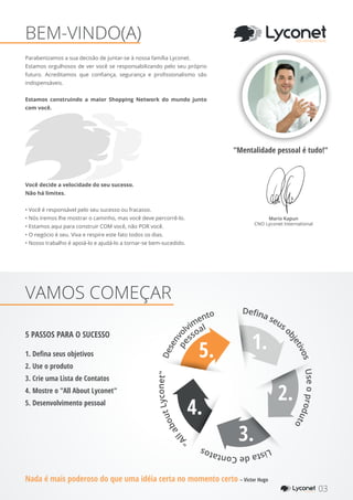 Você decide a velocidade do seu sucesso.
Não há limites.
• Você é responsável pelo seu sucesso ou fracasso.
• Nós iremos lhe mostrar o caminho, mas você deve percorrê-lo.
• Estamos aqui para construir COM você, não POR você.
• O negócio é seu. Viva e respire este fato todos os dias.
• Nosso trabalho é apoiá-lo e ajudá-lo a tornar-se bem-sucedido.
VAMOS COMEÇAR
YOUR SHOPPING NETWORK
Defina seus o
bjetivosUseoproduto
ListadeContatos
"
AllaboutLyconet"Desenvo
lvim
ento
pe
ssoal
1.
2.
3.
4.
5.
Nada é mais poderoso do que uma idéia certa no momento certo – Victor Hugo
"Mentalidade pessoal é tudo!"
Mario Kapun
CNO Lyconet International
Parabenizamos a sua decisão de juntar-se à nossa família Lyconet.
Estamos orgulhosos de ver você se responsabilizando pelo seu próprio
futuro. Acreditamos que confiança, segurança e profissionalismo são
indispensáveis.
Estamos construindo a maior Shopping Network do mundo junto
com você.
1. Defina seus objetivos
2. Use o produto
3. Crie uma Lista de Contatos
4. Mostre o "All About Lyconet"
5. Desenvolvimento pessoal
5 PASSOS PARA O SUCESSO
BEM-VINDO(A)
03YOUR SHOPPING NETWORK
 