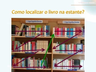 Como localizar o livro na estante?
Os livros de uma classe estão dispostos nas estantes por ordem alfabética
crescente (correspondente ao autor).

Disposição: da esquerda para a direita, em ziguezague, de cima para baixo.

 