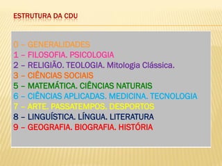 ESTRUTURA DA CDU 
0 – GENERALIDADES 
1 – FILOSOFIA. PSICOLOGIA 
2 – RELIGIÃO. TEOLOGIA. Mitologia Clássica. 
3 – CIÊNCIAS SOCIAIS 
5 – MATEMÁTICA. CIÊNCIAS NATURAIS 
6 – CIÊNCIAS APLICADAS. MEDICINA. TECNOLOGIA 
7 – ARTE. PASSATEMPOS. DESPORTOS 
8 – LINGUÍSTICA. LÍNGUA. LITERATURA 
9 – GEOGRAFIA. BIOGRAFIA. HISTÓRIA 
 