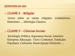 ESTRUTURA DA CDU 
CLASSE 2 - Religião 
Livros sobre as várias religiões: Cristianismo, Islamismo…, Mitologia Clássica. 
CLASSE 3 – Ciências Sociais 
Sociologia, Política, Segurança Social, Assuntos Europeus, Educação. Usos e Costumes, Tradições Populares, Culinária, Emancipação Feminina … 
 
