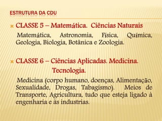 ESTRUTURA DA CDU 
CLASSE 5 – Matemática. Ciências Naturais 
Matemática, Astronomia, Física, Química, Geologia, Biologia, Botânica e Zoologia. 
CLASSE 6 – Ciências Aplicadas. Medicina. 
Tecnologia. 
Medicina (corpo humano, doenças, Alimentação, Sexualidade, Drogas, Tabagismo). Meios de Transporte, Agricultura, tudo que esteja ligado à engenharia e às industrias. 
 