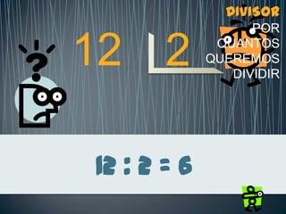 12 : 2 = 6
12 2
DIVISOR
POR
QUANTOS
QUEREMOS
DIVIDIR
 