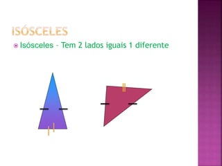  Isósceles – Tem 2 lados iguais 1 diferente
 