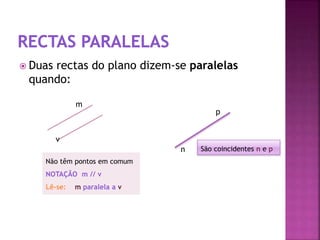 Duas rectas do plano dizem-se paralelas
quando:
Não têm pontos em comum
NOTAÇÃO m // v
Lê-se: m paralela a v
m
v
p
n São coincidentes n e p
 