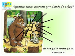 Quantos toros estavam por detrás da cobra?
São mais que 12 e menos que 14.
Vamos contar!
 