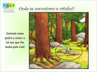 Onde se encontrava o ratinho?
Sentado numa
pedra a comer a
tal noz que lhe
soube pela vida!
 