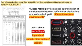 Transferring Performance Prediction Models Across Different Hardware Platforms
Valov et al. ICPE 2017
“Linear model provides a good approximation of
transformation between performance distributions
of a system deployed in different hardware
environments”
what about
variability of
input data?
compile-time options?
version?
 