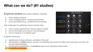 What can we do? (#1 studies)
Empirical studies about deep software variability
● more subject systems
● more variability layers, including interactions
● more quantitative (e.g., performance) properties
with challenges for gathering measurements data:
● how to scale experiments? Variant space is huge!
● how to fix/isolate some layers? (eg hardware)
● how to measure in a reliable way?
Expected outcomes:
● significance of deep software variability in the wild
● identification of stable layers: sources of variability that should not affect the conclusion and that can
be eliminated/forgotten
● identification/quantification of sensitive layers and interactions that matter
● variability knowledge
 