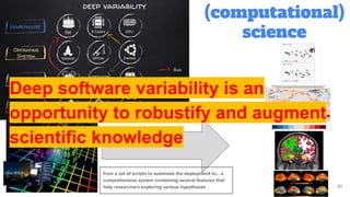 (computational)
science
61
from a set of scripts to automate the deployment to… a
comprehensive system containing several features that
help researchers exploring various hypotheses
Deep software variability is an
opportunity to robustify and augment
scientific knowledge
 