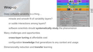 Wrap-up
Deep software variability is a thing…
miracle and smooth fit of variability layers?
or subtle interactions among layers?
software scientists should systematically study the phenomenon
Many challenges and opportunities
cross-layer tuning at affordable cost
configuration knowledge that generalizes to any context and usage
Dimensionality reduction and transfer learning
 