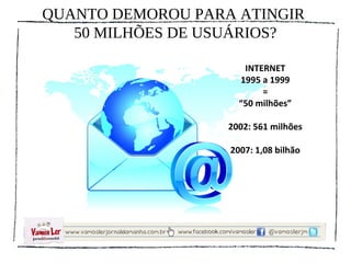 QUANTO DEMOROU PARA ATINGIR
   50 MILHÕES DE USUÁRIOS?

                      INTERNET
                     1995 a 1999
                          =
                     “50 milhões”

                   2002: 561 milhões

                   2007: 1,08 bilhão
 