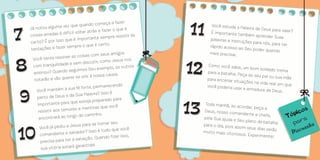 Já notou alguma vez que quando começa a fazer
coisas erradas é difícil voltar atrás e fazer o que é
certo? É por isso que é importante sempre resistir às
tentações e fazer sempre o que é certo.
Você tenta resolver as coisas com seus amigos
com tranquilidade e sem discutir, como Jesus nos
ensinou? Quando seguimos Seu exemplo, os outros
notarão e vão querer se unir à nossa causa.
Você mantém a sua fé forte, permanecendo
perto de Deus e da Sua Palavra? Isso é
importante para que esteja preparado para
resistir aos temores e mentiras que você
encontrará ao longo do caminho.
Você já pediu a Jesus para se tornar seu
comandante e salvador? Isso é tudo que você
precisa para ter a salvação. Quando fizer isso,
sua vitória estará garantida!
Você estuda a Palavra de Deus para valer?É importante também aprender Suaspalavras e instruções para nós, para terrápido acesso ao Seu poder quando
mais precisar.
Como você sabe, um bom soldado treinapara a batalha. Peça ao seu pai ou sua mãepara encenar situações na vida real em quevocê poderia usar a armadura de Deus.
Toda manhã, ao acordar, peça a
Deus, nosso comandante e chefe,
pela Sua ajuda e Seu plano de batalhapara o dia, pois assim seus dias serãomuito mais vitoriosos. Experimente!
para
Discussão
 