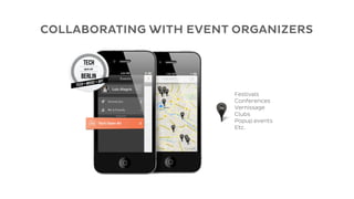 COLLABORATING WITH EVENT ORGANIZERS




                        Festivals
                        Conferences
                        Vernissage
                        Clubs
                        Popup events
                        Etc.
 