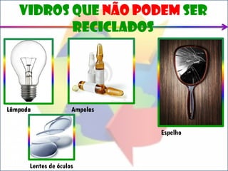 vidros que não podem ser
          reciclados




Lâmpada              Ampolas


                               Espelho



      Lentes de óculos
 
