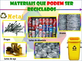 Materiais que podem ser
           reciclados
   Metai
   s
                                   Arame

Pregos         Latas de alumínio




Latas de aço
 