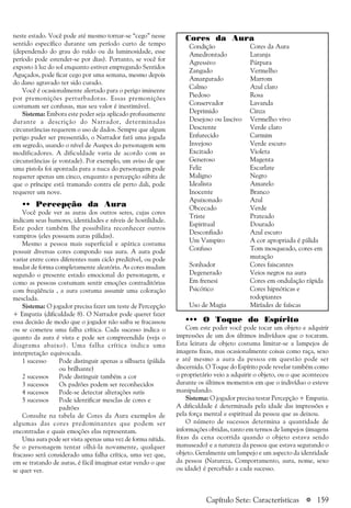 a 159
neste estado. Você pode até mesmo tornar-se “cego” nesse
sentido específico durante um período curto de tempo
(dependendo do grau do ruído ou da luminosidade, esse
período pode estender-se por dias). Portanto, se você for
exposto à luz do sol enquanto estiver empregando Sentidos
Aguçados, pode ficar cego por uma semana, mesmo depois
do dano agravado ter sido curado.
Você é ocasionalmente alertado para o perigo iminente
por premonições perturbadoras. Essas premonições
costumam ser confusas, mas seu valor é inestimável.
Sistema: Embora este poder seja aplicado profusamente
durante a descrição do Narrador, determinadas
circunstâncias requerem o uso de dados. Sempre que algum
perigo puder ser pressentido, o Narrador fará uma jogada
em segredo, usando o nível de Auspex do personagem sem
modificadores. A dificuldade varia de acordo com as
circunstâncias (e vontade). Por exemplo, um aviso de que
uma pistola foi apontada para a nuca do personagem pode
requerer apenas um cinco, enquanto a percepção súbita de
que o príncipe está tramando contra ele perto dali, pode
requerer um nove.
•• Percepção da Aura
Você pode ver as auras dos outros seres, cujas cores
indicam seus humores, identidades e níveis de hostilidade.
Este poder também lhe possibilita reconhecer outros
vampiros (eles possuem auras pálidas).
Mesmo a pessoa mais superficial e apática costuma
possuir diversas cores compondo sua aura. A aura pode
variar entre cores diferentes num ciclo predizível, ou pode
mudar de forma completamente aleatória. As cores mudam
segundo o presente estado emocional do personagem, e
como as pessoas costumam sentir emoções contraditórias
com freqüência , a aura costuma assumir uma coloração
mesclada.
Sistema: O jogador precisa fazer um teste de Percepção
+ Empatia (dificuldade 8). O Narrador pode querer fazer
essa decisão de modo que o jogador não saiba se fracassou
ou se cometeu uma falha crítica. Cada sucesso indica o
quanto da aura é vista e pode ser compreendida (veja o
diagrama abaixo). Uma falha crítica indica uma
interpretação equivocada.
1 sucesso Pode distinguir apenas a silhueta (pálida
ou brilhante)
2 sucessos Pode distinguir também a cor
3 sucessos Os padrões podem ser reconhecidos
4 sucessos Pode-se detectar alterações sutis
5 sucessos Pode identificar mesclas de cores e
padrões
Consulte na tabela de Cores da Aura exemplos de
algumas das cores predominantes que podem ser
encontradas e quais emoções elas representam.
Uma aura pode ser vista apenas uma vez de forma nítida.
Se o personagem tentar olhá-la novamente, qualquer
fracasso será considerado uma falha crítica, uma vez que,
em se tratando de auras, é fácil imaginar estar vendo o que
se quer ver.
Cores da Aura
Condição Cores da Aura
Amedrontado Laranja
Agressivo Púrpura
Zangado Vermelho
Amargurado Marrom
Calmo Azul claro
Piedoso Rosa
Conservador Lavanda
Deprimido Cinza
Desejoso ou lascivo Vermelho vivo
Descrente Verde claro
Enfurecido Carmim
Invejoso Verde escuro
Excitado Violeta
Generoso Magenta
Feliz Escarlate
Maligno Negro
Idealista Amarelo
Inocente Branco
Apaixonado Azul
Obcecado Verde
Triste Prateado
Espiritual Dourado
Desconfiado Azul escuro
Um Vampiro A cor apropriada é pálida
Confuso Tom mosqueado, cores em
mutação
Sonhador Cores faiscantes
Degenerado Veios negros na aura
Em frenesi Cores em ondulação rápida
Psicótico Cores hipnóticas e
rodopiantes
Uso de Magia Miríades de faíscas
••• O Toque do Espírito
Com este poder você pode tocar um objeto e adquirir
impressões de um dos últimos indivíduos que o tocaram.
Esta leitura de objeto costuma limitar-se a lampejos de
imagens fixas, mas ocasionalmente coisas como raça, sexo
e até mesmo a aura da pessoa em questão pode ser
discernida. O Toque do Espírito pode revelar também como
o proprietário veio a adquirir o objeto, ou o que aconteceu
durante os últimos momentos em que o indivíduo o esteve
manipulando.
Sistema: O jogador precisa testar Percepção + Empatia.
A dificuldade é determinada pela idade das impressões e
pela força mental e espiritual da pessoa que as deixou.
O número de sucessos determina a quantidade de
informações obtidas, tanto em termos de lampejos (imagens
fixas da cena ocorrida quando o objeto estava sendo
manuseado) e a natureza da pessoa que estava segurando o
objeto. Geralmente um lampejo e um aspecto da identidade
da pessoa (Natureza, Comportamento, aura, nome, sexo
ou idade) é percebido a cada sucesso.
Capítulo Sete: Características
 