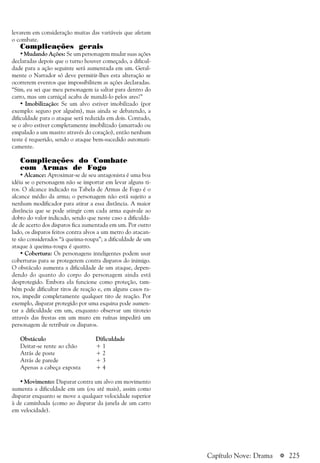a 225
levarem em consideração muitas das variáveis que afetam
o combate.
Complicações gerais
• Mudando Ações: Se um personagem mudar suas ações
declaradas depois que o turno houver começado, a dificul-
dade para a ação seguinte será aumentada em um. Geral-
mente o Narrador só deve permitir-lhes esta alteração se
ocorrerem eventos que impossibilitem as ações declaradas.
“Sim, eu sei que meu personagem ia saltar para dentro do
carro, mas um carniçal acaba de mandá-lo pelos ares!”
• Imobilização: Se um alvo estiver imobilizado (por
exemplo: seguro por alguém), mas ainda se debatendo, a
dificuldade para o ataque será reduzida em dois. Contudo,
se o alvo estiver completamente imobilizado (amarrado ou
empalado a um mastro através do coração), então nenhum
teste é requerido, sendo o ataque bem-sucedido automati-
camente.
Complicações do Combate
com Armas de Fogo
• Alcance: Aproximar-se de seu antagonista é uma boa
idéia se o personagem não se importar em levar alguns ti-
ros. O alcance indicado na Tabela de Armas de Fogo é o
alcance médio da arma; o personagem não está sujeito a
nenhum modificador para atirar a essa distância. A maior
distância que se pode atingir com cada arma equivale ao
dobro do valor indicado, sendo que neste caso a dificulda-
de de acerto dos disparos fica aumentada em um. Por outro
lado, os disparos feitos contra alvos a um metro do atacan-
te são considerados “à queima-roupa”; a dificuldade de um
ataque à queima-roupa é quatro.
• Cobertura: Os personagens inteligentes podem usar
coberturas para se protegerem contra disparos do inimigo.
O obstáculo aumenta a dificuldade de um ataque, depen-
dendo do quanto do corpo do personagem ainda está
desprotegido. Embora ela funcione como proteção, tam-
bém pode dificultar tiros de reação e, em alguns casos ra-
ros, impedir completamente qualquer tiro de reação. Por
exemplo, disparar protegido por uma esquina pode aumen-
tar a dificuldade em um, enquanto observar um tiroteio
através das frestas em um muro em ruínas impedirá um
personagem de retribuir os disparos.
Obstáculo Dificuldade
Deitar-se rente ao chão + 1
Atrás de poste + 2
Atrás de parede + 3
Apenas a cabeça exposta + 4
• Movimento: Disparar contra um alvo em movimento
aumenta a dificuldade em um (ou até mais), assim como
disparar enquanto se move a qualquer velocidade superior
à de caminhada (como ao disparar da janela de um carro
em velocidade).
Capítulo Nove: Drama
 