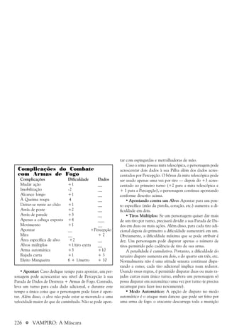 226 a VAMPIRO: A Máscara
tar com espingardas e metralhadoras de mão.
Caso a arma possua mira telescópica, o personagem pode
acrescentar dois dados à sua Pilha além dos dados acres-
centados por Percepção. O bônus da mira telescópica pode
ser usado apenas uma vez por tiro — depois do +3 acres-
centado ao primeiro turno (+2 para a mira telescópica e
+ 1 para a Percepção), o personagem continua apontando
conforme descrito acima.
• Apontando contra um Alvo: Apontar para um pon-
to específico (mão da pistola, coração, etc.) aumenta a di-
ficuldade em dois.
• Tiros Múltiplos: Se um personagem quiser dar mais
de um tiro por turno, precisará dividir a sua Parada de Da-
dos em duas ou mais ações. Além disso, para cada tiro adi-
cional depois do primeiro a dificuldade aumentará em um.
Obviamente, a dificuldade máxima que se pode atribuir é
dez. Um personagem pode disparar apenas o número de
tiros permitido pelo cadência de tiro de sua arma.
A penalidade é cumulativa. Portanto, a dificuldade do
terceiro disparo aumenta em dois, a do quarto em três, etc.
Normalmente não é uma atitude sensata continuar dispa-
rando a esmo; cada tiro adicional implica num redutor.
Usando essas regras, é permitido disparar duas ou mais ra-
jadas curtas num único turno, embora um personagem só
possa disparar em automático uma vez por turno (e precisa
recarregar para fazer isso novamente).
• Modo Automático: A opção de disparo no modo
automático é o ataque mais danoso que pode ser feito por
uma arma de fogo: o atacante descarrega toda a munição
• Apontar: Caso dedique tempo para apontar, um per-
sonagem pode acrescentar seu nível de Percepcão à sua
Parada de Dados de Destreza + Armas de Fogo. Contudo,
leva um turno para cada dado adicional, e durante este
tempo a única coisa que o personagem pode fazer é apon-
tar. Além disso, o alvo não pode estar se movendo a uma
velocidade maior do que de caminhada. Não se pode apon-
Complicações do Combate
com Armas de Fogo
Complicações Dificuldade Dados
Mudar ação +1 __
Imobilização -2 __
Alcance longo +1 __
À Queima roupa 4 __
Deitar-se rente ao chão +1 __
Atrás de poste +2 __
Atrás de parede +3 __
Apenas a cabeça exposta +4 ___
Movimento +1 __
Apontar __ +Percepção
Mira __ + 2
Área específica de alvo +2 __
Alvos múltiplos +1/tiro extra __
Arma automática +3 +10
Rajada curta +1 + 3
Efeito Mangueira 6 + 1/metro + 10
 