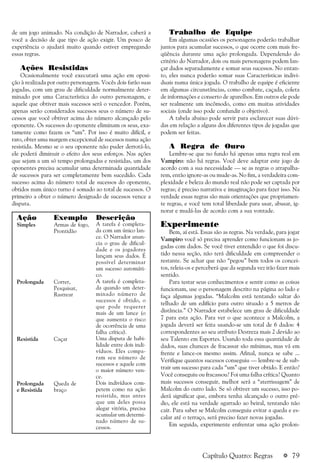 a 79
de um jogo animado. Na condição de Narrador, caberá a
você a decisão de que tipo de ação exigir. Um pouco de
experiência o ajudará muito quando estiver empregando
essas regras.
Ações Resistidas
Ocasionalmente você executará uma ação em oposi-
ção à realizada por outro personagem. Vocês dois farão suas
jogadas, com um grau de dificuldade normalmente deter-
minado por uma Característica do outro personagem, e
aquele que obtiver mais sucessos será o vencedor. Porém,
apenas serão considerados sucessos seus o número de su-
cessos que você obtiver acima do número alcançado pelo
oponente. Os sucessos do oponente eliminam os seus, exa-
tamente como fazem os “um”. Por isso é muito difícil, e
raro, obter uma margem excepcional de sucessos numa ação
resistida. Mesmo se o seu oponente não puder derrotá-lo,
ele poderá diminuir o efeito dos seus esforços. Nas ações
que sejam a um só tempo prolongadas e resistidas, um dos
oponentes precisa acumular uma determinada quantidade
de sucessos para ser completamente bem sucedido. Cada
sucesso acima do número total de sucessos do oponente,
obtidos num único turno é somado ao total de sucessos. O
primeiro a obter o número designado de sucessos vence a
disputa.
Ação Exemplo Descrição
Simples Armas de fogo,
Prontidão
Prolongada Correr,
Pesquisar,
Rastrear
Resistida Caçar
Prolongada Queda de
e Resistida braço
A tarefa é completa-
da com um único lan-
ce. O Narrador anun-
cia o grau de dificul-
dade e os jogadores
lançam seus dados. É
possível determinar
um sucesso automáti-
co.
A tarefa é completa-
da quando um deter-
minado número de
sucessos é obtido, o
que pode requerer
mais de um lance (o
que aumenta o risco
de ocorrência de uma
falha crítica).
Uma disputa de habi-
lidade entre dois indi-
víduos. Eles compa-
ram seu número de
sucessos e aquele com
o maior número ven-
ce.
Dois indivíduos com-
petem como na ação
resistida, mas antes
que um deles possa
alegar vitória, precisa
acumular um determi-
nado número de su-
cessos.
Trabalho de Equipe
Em algumas ocasiões os personagens poderão trabalhar
juntos para acumular sucessos, o que ocorre com mais fre-
qüência durante uma ação prolongada. Dependendo do
critério do Narrador, dois ou mais personagens podem lan-
çar dados separadamente e somar seus sucessos. No entan-
to, eles nunca poderão somar suas Características indivi-
duais numa única jogada. O trabalho de equipe é eficiente
em algumas circunstâncias, como combate, caçada, coleta
de informações e conserto de aparelhos. Em outros ele pode
ser realmente um incômodo, como em muitas atividades
sociais (onde isso pode confundir o objetivo).
A tabela abaixo pode servir para esclarecer suas dúvi-
das em relação a alguns dos diferentes tipos de jogadas que
podem ser feitas.
A Regra de Ouro
Lembre-se que no fundo há apenas uma regra real em
Vampiro: não há regras. Você deve adaptar este jogo de
acordo com a sua necessidade — se as regras o atrapalha-
rem, então ignore-as ou mude-as. No fim, a verdadeira com-
plexidade e beleza do mundo real não pode ser captada por
regras; é preciso narrativa e imaginação para fazer isso. Na
verdade essas regras são mais orientações que propriamen-
te regras, e você tem total liberdade para usar, abusar, ig-
norar e mudá-las de acordo com a sua vontade.
Experimente
Bem, aí está. Essas são as regras. Na verdade, para jogar
Vampiro você só precisa aprender como funcionam as jo-
gadas com dados. Se você tiver entendido o que foi discu-
tido nessa seção, não terá dificuldade em compreender o
restante. Se achar que não “pegou” bem todos os concei-
tos, releia-os e perceberá que da segunda vez irão fazer mais
sentido.
Para testar seus conhecimentos e sentir como as coisas
funcionam, use o personagem descrito na página ao lado e
faça algumas jogadas. “Malcolm está tentando saltar do
telhado de um edifício para outro situado a 5 metros de
distância.” O Narrador estabelece um grau de dificuldade
7 para esta ação. Para ver o que acontece a Malcolm, a
jogada deverá ser feita usando-se um total de 6 dados: 4
correspondentes ao seu atributo Destreza mais 2 devido ao
seu Talento em Esportes. Usando toda essa quantidade de
dados, suas chances de fracassar são mínimas, mas vá em
frente e lance-os mesmo assim. Afinal, nunca se sabe ...
Verifique quantos sucessos conseguiu — lembre-se de sub-
trair um sucesso para cada “um” que tiver obtido. E então?
Você conseguiu ou fracassou? Foi uma falha crítica? Quanto
mais sucessos conseguir, melhor será a “aterrissagem” de
Malcolm do outro lado. Se só obtiver um sucesso, isso po-
derá significar que, embora tenha alcançado o outro pré-
dio, ele está na verdade agarrado ao beiral, tentando não
cair. Para saber se Malcolm conseguiu evitar a queda e es-
calar até o terraço, será preciso fazer novas jogadas.
Em seguida, experimente enfrentar uma ação prolon-
Capítulo Quatro: Regras
 