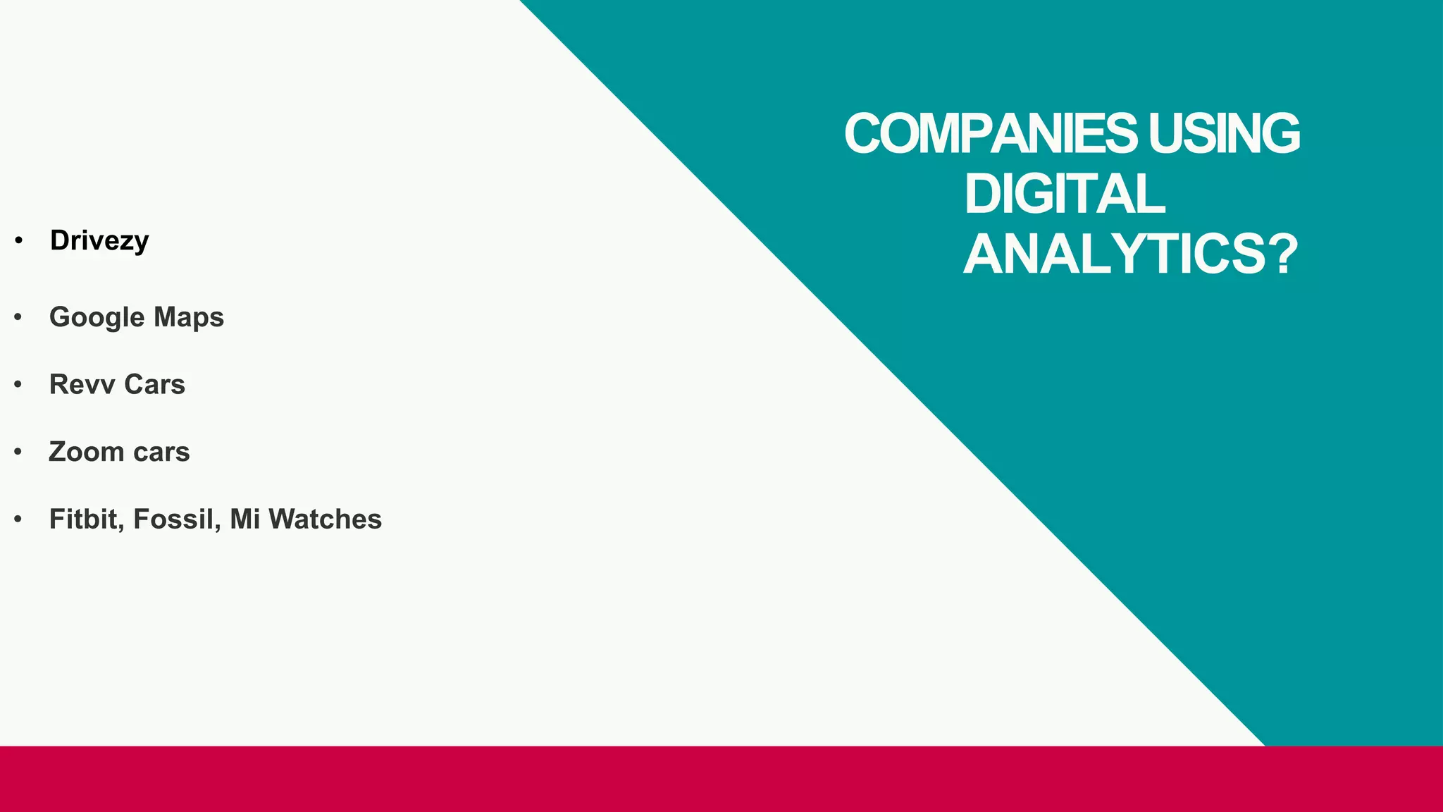 COMPANIESUSING
DIGITAL
ANALYTICS?• Drivezy
• Google Maps
• Revv Cars
• Zoom cars
• Fitbit, Fossil, Mi Watches
 