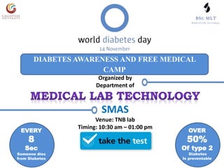 DIABETES AWARENESS AND FREE MEDICAL
CAMP
Organized by
Department of
SMAS
Venue: TNB lab
Timing: 10:30 am – 01:00 pmEVERY
8
Sec
Someone dies
from Diabetes
OVER
50%
Of type 2
Diabetes
Is preventable
Kjsdkj
Dskj
sdkj
Kjsdkj
Dskj
sdkj
OVER
50%
Of type 2
Diabetes
Is preventable
EVERY
8
Sec
Someone dies
from Diabetes
 