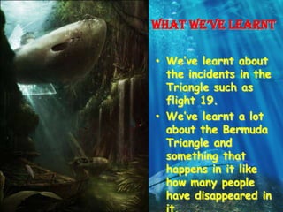 what we’ve learnt

• We’ve learnt about
  the incidents in the
  Triangle such as
  flight 19.
• We’ve learnt a lot
  about the Bermuda
  Triangle and
  something that
  happens in it like
  how many people
  have disappeared in
 