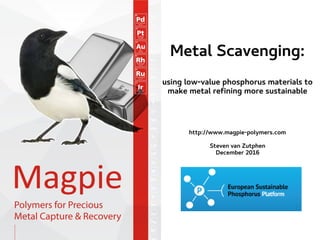 Metal Scavenging:
using low-value phosphorus materials to
make metal refining more sustainable
http://www.magpie-polymers.com
Steven van Zutphen
December 2016
 
