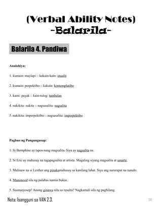 Analohiya:
1. kumain: maylapi :: kakain-kain: inuulit
2. kumain: perpektibo :: kakain: kontemplatibo
3. kami: payak :: kain-tulog: tambalan
4. nakikita: nakita :: nagsasalita: nagsalita
5. nakikita: imperpektibo :: nagsasalita: imperpektibo
Pagbuo ng Pangungusap:
1. Si Bernphine ay tapos nang magsalita. Siya ay nagsalita na.
2. Si Eric ay mahusay na tagapagsalita at artista. Magaling siyang magsalita at umarte.
3. Malinaw na si Lesther ang pinakamahusay sa kanilang lahat. Siya ang nararapat na nanalo.
4. Manonood sila ng palabas namin bukas.
5. Susmaryosep! Anong ginawa nila sa resulta? Nagkamali sila ng pagbilang.
Balarila 4. Pandiwa
10
(Verbal Ability Notes)
-Balarila-
Nota: Isangguni sa VAN 2.3.
 
