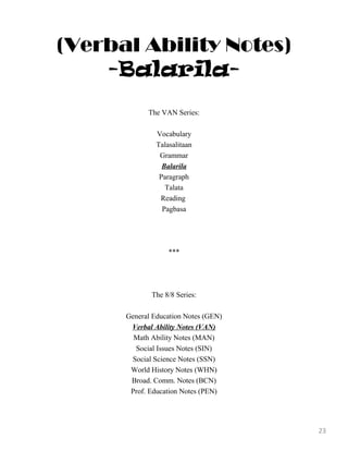 (Verbal Ability Notes)
-Balarila-
The VAN Series:
Vocabulary
Talasalitaan
Grammar
Balarila
Paragraph
Talata
Reading
Pagbasa
***
The 8/8 Series:
General Education Notes (GEN)
Verbal Ability Notes (VAN)
Math Ability Notes (MAN)
Social Issues Notes (SIN)
Social Science Notes (SSN)
World History Notes (WHN)
Broad. Comm. Notes (BCN)
Prof. Education Notes (PEN)
23
 