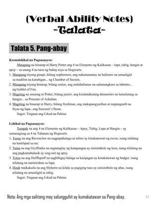 Kronolohikal na Pagsasaayos:
Matapang na hinarap ni Harry Potter ang 4 na Elemento ng Kalikasan – lupa, tubig, hangin at
apoy – sa unang 4 na taon ng buhay niya sa Hogwarts.
1. Matapang niyang ginapi, bilang sophomore, ang nakamamatay na halimaw na umaaligid
sa madilim na katubigan... ng Chamber of Secrets.
2. Matapang niyang hinarap, bilang senior, ang malahalimaw na salamangkero sa labrinto...
ng Goblet of Fire.
3. Magiting na sinuong ni Potter, bilang junior, ang kinatatakutang demenotrs na lumulutang sa
hangin... sa Prisoner of Azkaban.
4. Magiting na hinarap ni Harry, bilang freshman, ang makapangyarihan at mapanganib na
hiyas ng lupa...ang Sorcerer’s Stone.
Sagot: Tingnan ang Likod na Pahina
Lohikal na Pagsasaayos:
Tumpak na ang 4 na Elemento ng Kalikasan – Apoy, Tubig, Lupa at Hangin – ay
sumasagisag sa 4 na Tahanan ng Hogwarts.
1. Tunay na ang Ravenclaw na nagpapahalaga sa talino ay kinakatawan ng raven, isang nilalang
na lumilipad sa ere.
2. Tama na ang Gryffindor na nagtataglay ng katapangan ay sinisimbolo ng leon, isang nilalang na
ang pagkamabalasik ay sing-init ng apoy.
3. Totoo na ang Hufflepuff na nagbibigay-halaga sa kasipagan ay kinakatawan ng badger, isang
nilalang na naninirahan sa lupa.
4. Hindi maikakaila na ang Slyherin na kilala sa pagiging tuso ay sinisimbolo ng ahas, isang
nilalang na umaaligid sa tubig.
Sagot: Tingnan ang Likod na Pahina
Talata 5. Pang-abay
11
(Verbal Ability Notes)
-Talata-
Nota: Ang mga salitang may salungguhit ay kumakatawan sa Pang-abay.
 