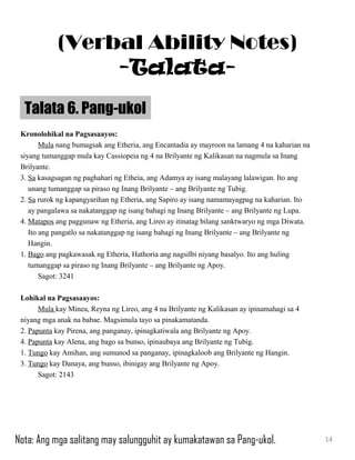 Kronolohikal na Pagsasaayos:
Mula nang bumagsak ang Etheria, ang Encantadia ay mayroon na lamang 4 na kaharian na
siyang tumanggap mula kay Cassiopeia ng 4 na Brilyante ng Kalikasan na nagmula sa Inang
Brilyante.
3. Sa kasagsagan ng paghahari ng Etheia, ang Adamya ay isang malayang lalawigan. Ito ang
unang tumanggap sa piraso ng Inang Brilyante – ang Brilyante ng Tubig.
2. Sa rurok ng kapangyarihan ng Etheria, ang Sapiro ay isang namamayagpag na kaharian. Ito
ay pangalawa sa nakatanggap ng isang bahagi ng Inang Brilyante – ang Brilyante ng Lupa.
4. Matapos ang paggunaw ng Etheria, ang Lireo ay itinatag bilang sanktwaryo ng mga Diwata.
Ito ang pangatlo sa nakatanggap ng isang bahagi ng Inang Brilyante – ang Brilyante ng
Hangin.
1. Bago ang pagkawasak ng Etheria, Hathoria ang nagsilbi niyang basalyo. Ito ang huling
tumanggap sa piraso ng Inang Brilyante – ang Brilyante ng Apoy.
Sagot: 3241
Lohikal na Pagsasaayos:
Mula kay Minea, Reyna ng Lireo, ang 4 na Brilyante ng Kalikasan ay ipinamahagi sa 4
niyang mga anak na babae. Magsimula tayo sa pinakamatanda.
2. Papunta kay Pirena, ang panganay, ipinagkatiwala ang Brilyante ng Apoy.
4. Papunta kay Alena, ang bago sa bunso, ipinaubaya ang Brilyante ng Tubig.
1. Tungo kay Amihan, ang sumunod sa panganay, ipinagkaloob ang Brilyante ng Hangin.
3. Tungo kay Danaya, ang bunso, ibinigay ang Brilyante ng Apoy.
Sagot: 2143
Talata 6. Pang-ukol
14
(Verbal Ability Notes)
-Talata-
Nota: Ang mga salitang may salungguhit ay kumakatawan sa Pang-ukol.
 