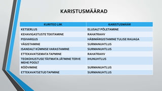 KARISTUSMÄÄRAD
KURITEO LIIK KARISTUSMÄÄR
KETSERLUS ELUSALT PÕLETAMINE
KEHAVIGASTUSTETEKITAMINE RAHATRAHV
PISIVARGUS HÄBIMÄRGISTAMINE TULISE RAUAGA
VÄGISTAMINE SURMANUHTLUS
ISANDALT KÜMNISEVARASTAMINE SURMANUHTLUS
ETTEKAVATSEMATATAPMINE RAHATRAHV
TEOKOHUSTUSETÄITMATA JÄTMINE TERVE
MEHE POOLT
IHUNUHTLUS
RÖÖVIMINE SURMANUHTLUS
ETTEKAVATSETUDTAPMINE SURMANUHTLUS
 
