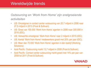 Wereldwijde trends Outsourcing en ‘Work from Home’ zijn snelgroeiende  activiteiten US: Omzetgroei in contact center outsourcing van 20,7 miljard in 2006 naar 27,5 miljard in 2013 (Frost & Sullivan); US: Groei van 100.000 ‘Work from Home’ agenten in 2006 naar 300.000 in 2010 (IDC); US: Verwachte omzetgroei ‘Work from Home’ naar 2 miljard in 2015 (IDC); US: Aantal ‘Work from Home’ medewerkers groeit met 20% per jaar (IDC); US: Meer dan 70.000 ‘Work from Home’ agenten in één bedrijf (Working Solutions);  Azië Pacific: Outsourcing markt 13,7 miljard in 2008 (Frost & Sullivan); Azië Pacific: Contact center outsourcing markt groeit met 14% per jaar van 2008 tot 2011 (Frost & Sullivan). 