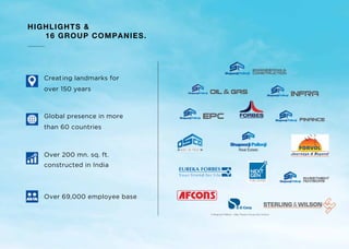 HIGHLIGHTS &
16 GROUP COMPANIES.
Creating landmarks for
over 150 years
Over 69,000 employee base
Over 200 mn. sq. ft.
constructed in India
Global presence in more
than 60 countries
 