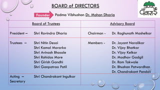 BOARD of DIRECTORS
Board of Trustees
President – Shri Ravindra Dharia
Trustees – Shri Nitin Desai
Shri Kamal Morarka
Shri Avinash Bhosale
Shri Rohidas More
Shri Girish Gandhi
Shri Ganpatrao Patil
Acting – Shri Chandrakant Ingulkar
Secretary
Advisory Board
Chairman - Dr. Raghunath Mashelkar
Members - Dr. Jayant Naralikar
Dr. Vijay Bhatkar
Dr. Vijay Kelkar
Dr. Madhav Gadgil
Dr. Ram Takwale
Dr. Bhushan Patwardhan
Dr. Chandrakant Pandav
Padma Vibhushan Dr. Mohan DhariaFounder
 