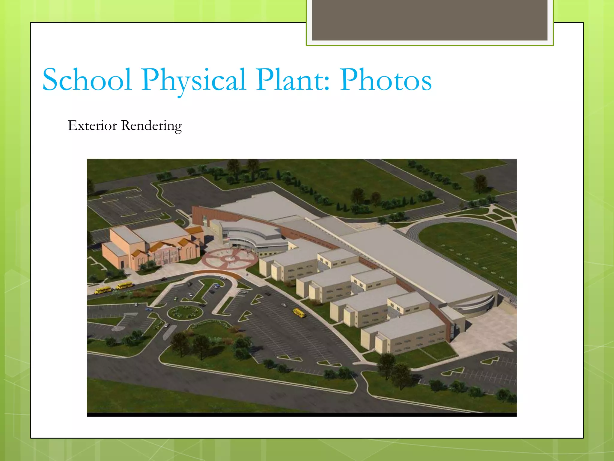 School Physical Plant: Photos
 Exterior Rendering
 