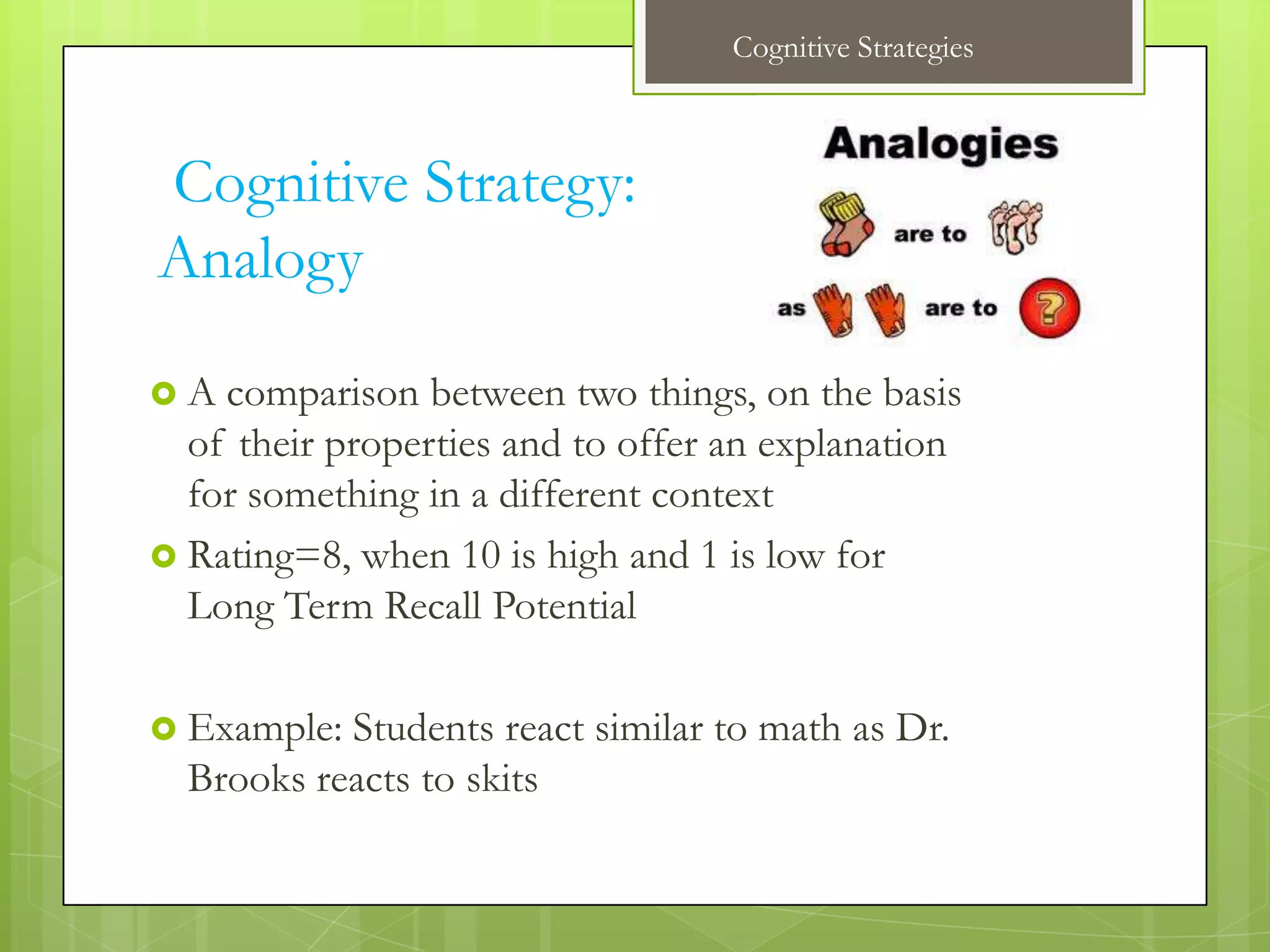 Cognitive Strategies



Cognitive Strategy:
Analogy

A  comparison between two things, on the basis
  of their properties and to offer an explanation
  for something in a different context
 Rating=8, when 10 is high and 1 is low for
  Long Term Recall Potential

 Example: Students react similar to math as Dr.
  Brooks reacts to skits
 